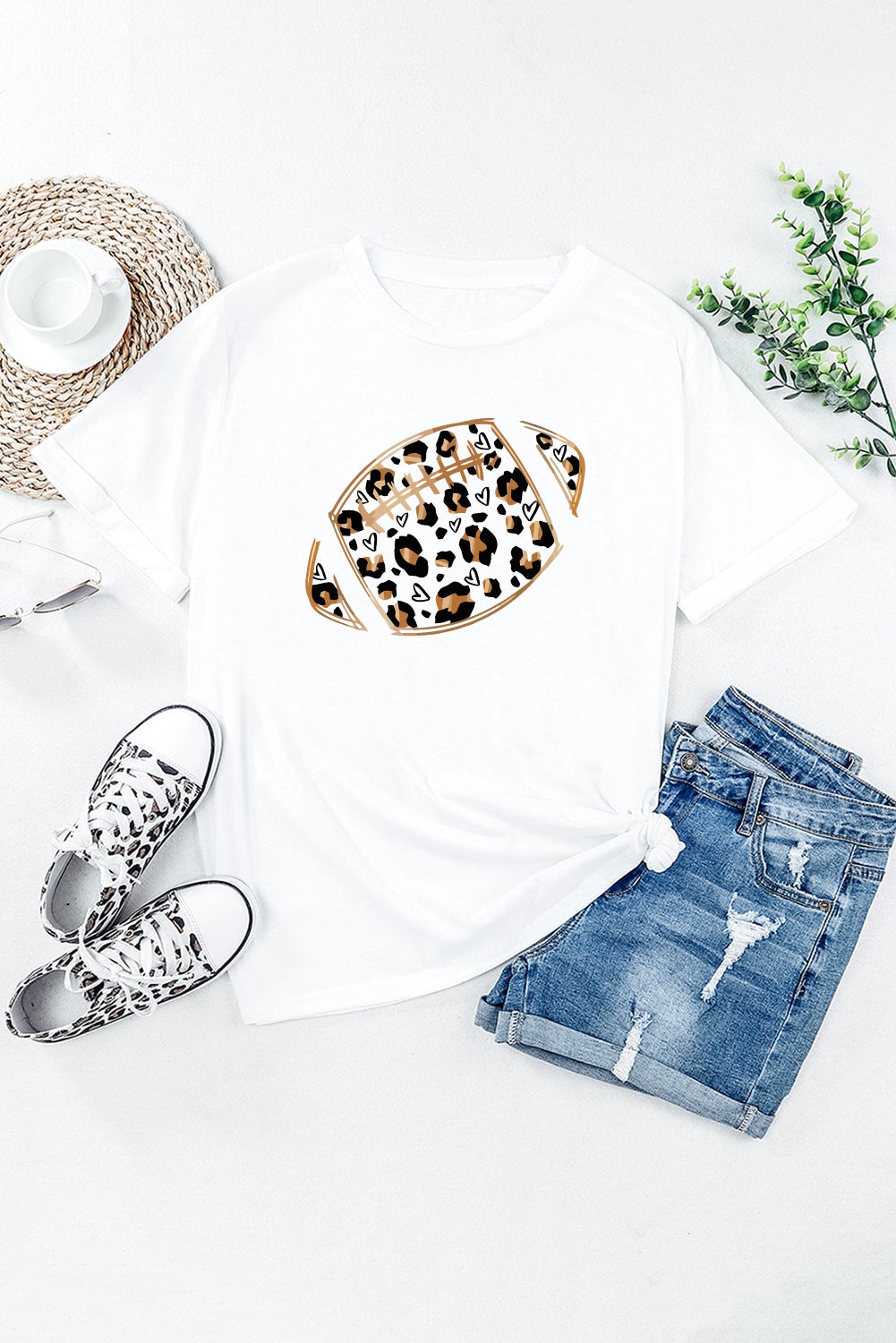 White Leopard Heart Shape Rugby Print Short Sleeve T Shirt