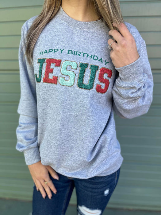 Happy Birthday Jesus Faux Patch Sweatshirt