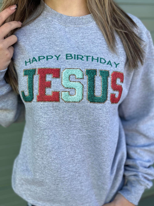 Happy Birthday Jesus Faux Patch Sweatshirt