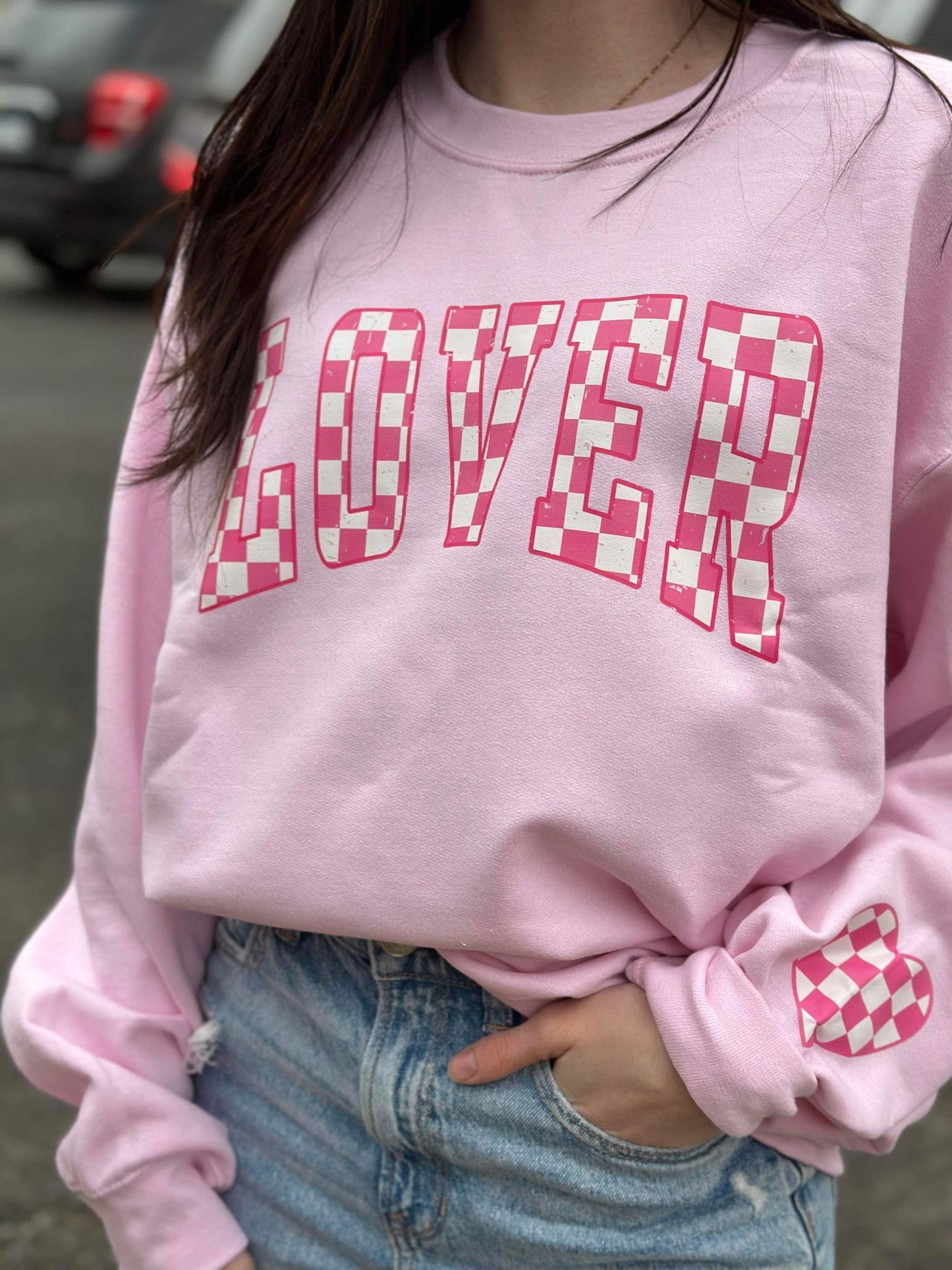 Pink Checkered Lover with Heart Sleeve Sweatshirt