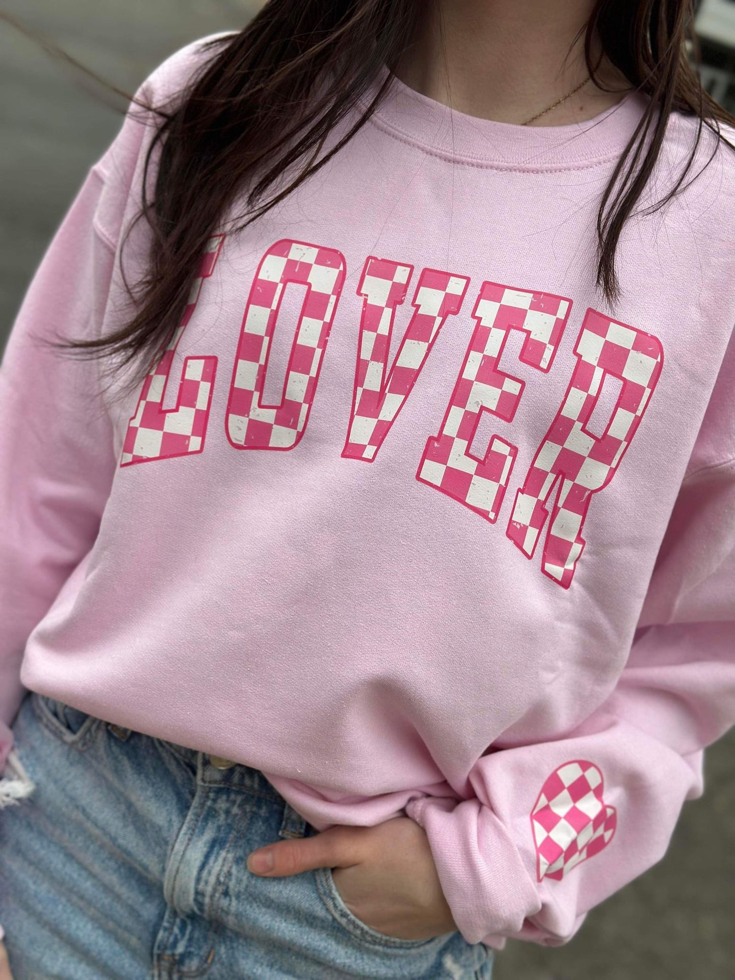 Pink Checkered Lover with Heart Sleeve Sweatshirt